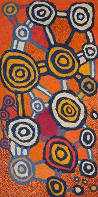 Australian Indigenous (Aboriginal and Torres Strait Islander) artwork by JOHNNY YUNGUT TJUPURRULA of Papunya Tula Artists. The title is Tingari Ceremonies at Wilkinkarra. [JY1302036] (Acrylic on Belgian Linen)