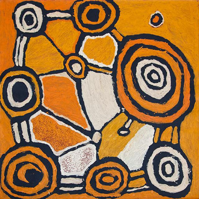 Australian Indigenous (Aboriginal and Torres Strait Islander) artwork by JOHNNY YUNGUT TJUPURRULA of Papunya Tula Artists. The title is Tingari Ceremonies at Wilkinkarra. [JY1303010] (Acrylic on Belgian Linen)