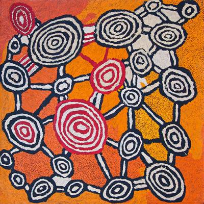 Australian Indigenous (Aboriginal and Torres Strait Islander) artwork by JOHNNY YUNGUT TJUPURRULA of Papunya Tula Artists. The title is Tingari Ceremonies at Wilkinkarra. [JY1205070] (Acrylic on Belgian Linen)