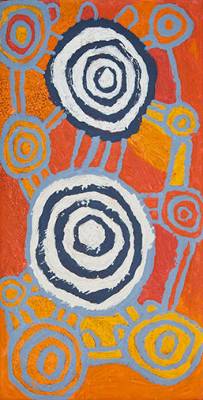 Australian Indigenous (Aboriginal and Torres Strait Islander) artwork by JOHNNY YUNGUT TJUPURRULA of Papunya Tula Artists. The title is Tingari Ceremonies at Wilkinkarra. [JY1303016] (Acrylic on Belgian Linen)