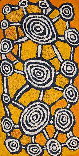 Australian Indigenous (Aboriginal and Torres Strait Islander) artwork by JOHNNY YUNGUT TJUPURRULA of Papunya Tula Artists. The title is Tingari Ceremonies at Wilkinkarra. [JY1106073] (Acrylic on Belgian Linen)