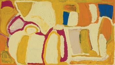 Australian Indigenous (Aboriginal and Torres Strait Islander) artwork by BUGAI WHYLOUTER of Martumili Artists. The title is Tiwa. [08-341] (Acrylic on Canvas)