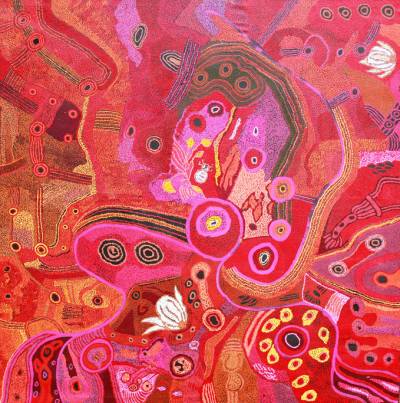 Australian Indigenous (Aboriginal and Torres Strait Islander) artwork by VARIOUS TJALA ARTISTS (COLLABORATIVE) of Tjala Artists. The title is Tjala Tjukurpa - Honey Ant Story. [147-12] (Acrylic on Linen)