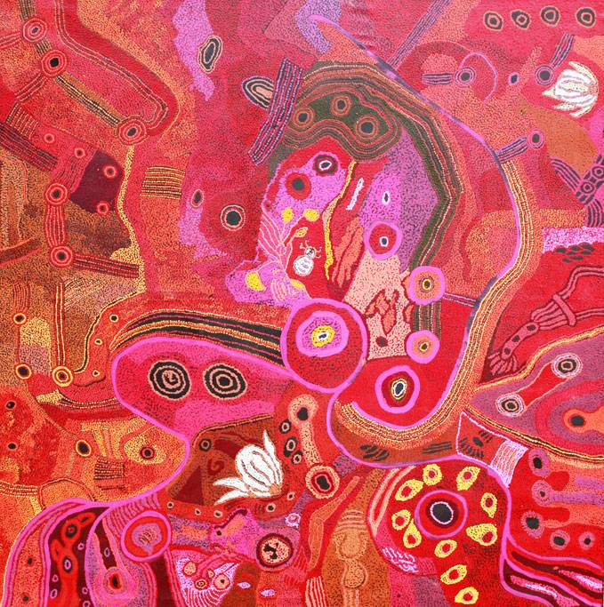 Australian Indigenous (Aboriginal and Torres Strait Islander) artwork by VARIOUS TJALA ARTISTS (COLLABORATIVE) of Tjala Artists. The title is Tjala Tjukurpa - Honey Ant Story. [147-12] (Acrylic on Linen)