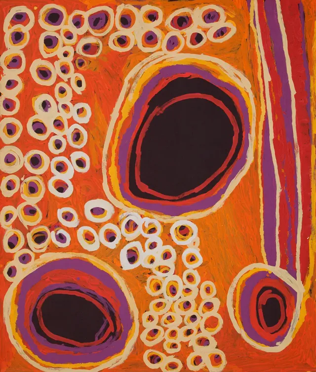 Australian Indigenous (Aboriginal and Torres Strait Islander) artwork by KATARRA BUTLER NAPALTJARRI of Papunya Tula Artists. The title is Tjukurla. [KB1402070] (Acrylic on Belgian Linen)