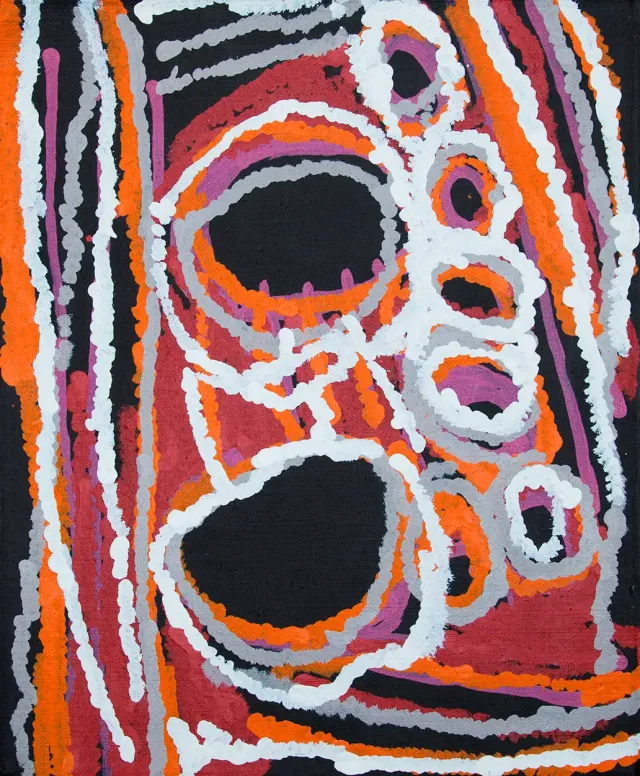 Australian Indigenous (Aboriginal and Torres Strait Islander) artwork by KATARRA BUTLER NAPALTJARRI of Papunya Tula Artists. The title is Tjukurla. [KB1606038] (Acrylic on Belgian Linen)
