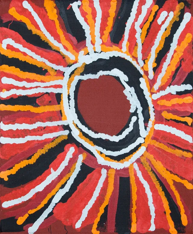 Australian Indigenous (Aboriginal and Torres Strait Islander) artwork by KATARRA BUTLER NAPALTJARRI of Papunya Tula Artists. The title is Tjukurla. [KB1605089] (Acrylic on Belgian Linen)