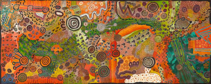 Australian Indigenous (Aboriginal and Torres Strait Islander) artwork by VARIOUS TJUNGU PALYA ARTISTS (COLLABORATIVE) of Tjungu Palya Artists. The title is Tjukurpa Kanpinyatjara - The Creation Stories that Belong to Kanpi. [20-015] (Synthetic Polymer on Linen)