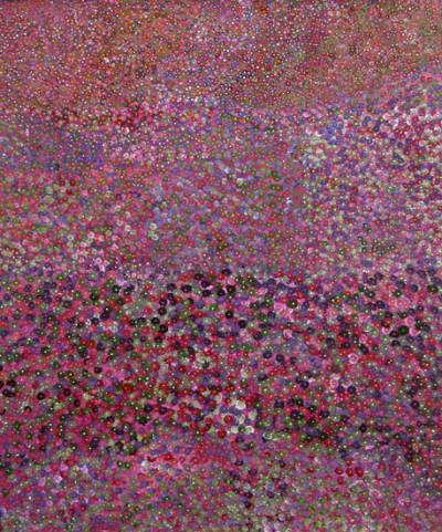 Australian Indigenous (Aboriginal and Torres Strait Islander) artwork by KATHY MARINGKA of Kaltjiti Artists. The title is Tjulpun-Tjulpunpa - Desert Wildflowers. [KALKMA8487P] (Acrylic on Belgian Linen)