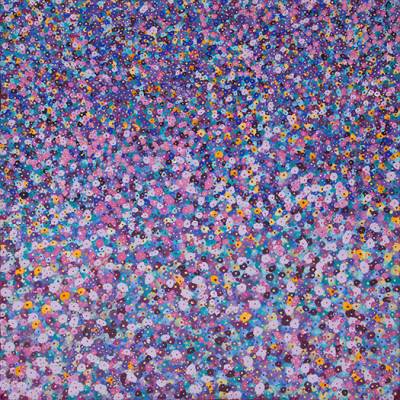 Australian Indigenous (Aboriginal and Torres Strait Islander) artwork by KATHY MARINGKA of Kaltjiti Artists. The title is Tjulpun-Tjulpunpa - Desert Wildflowers. [KALKMA9640P] (Acrylic on Belgian Linen)