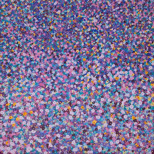 Australian Indigenous (Aboriginal and Torres Strait Islander) artwork by KATHY MARINGKA of Kaltjiti Artists. The title is Tjulpun-Tjulpunpa - Desert Wildflowers. [KALKMA9640P] (Acrylic on Belgian Linen)