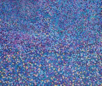 Australian Indigenous (Aboriginal and Torres Strait Islander) artwork by KATHY MARINGKA of Kaltjiti Artists. The title is Tjulpun-Tjulpunpa - Desert Wildflowers. [KALKMA9649P (71-21)] (Acrylic on Belgian Linen)