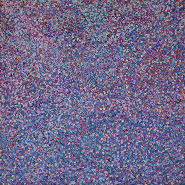 Australian Indigenous (Aboriginal and Torres Strait Islander) artwork by KATHY MARINGKA of Kaltjiti Artists. The title is Tjulpun-Tjulpunpa - Desert Wildflowers. [KALKMA9786P (72-21)] (Acrylic on Belgian Linen)