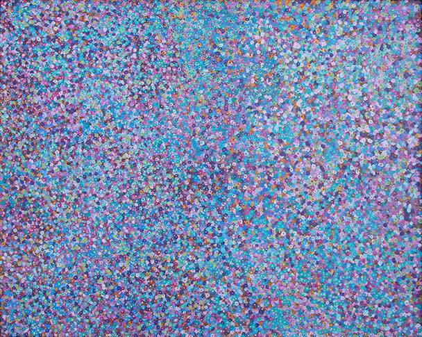 Australian Indigenous (Aboriginal and Torres Strait Islander) artwork by KATHY MARINGKA of Kaltjiti Artists. The title is Tjulpun-Tjulpunpa - Desert Wildflowers. [KALKMA8903P (73-21)] (Acrylic on Belgian Linen)