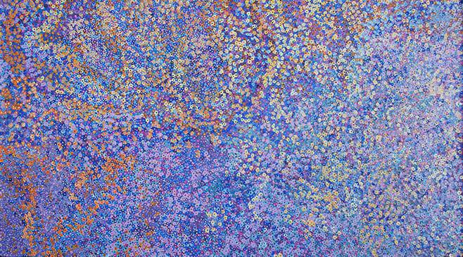 Australian Indigenous (Aboriginal and Torres Strait Islander) artwork by KATHY MARINGKA of Kaltjiti Artists. The title is Tjulpun-Tjulpunpa - Desert Wildflowers. [KALKMA9334P] (Acrylic on Belgian Linen)