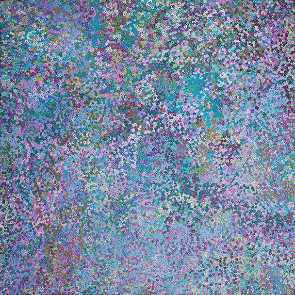 Australian Indigenous (Aboriginal and Torres Strait Islander) artwork by KATHY MARINGKA of Kaltjiti Artists. The title is Tjulpun-Tjulpunpa - Desert Wildflowers. [KALKMA9972P] (Acrylic on Belgian Linen)