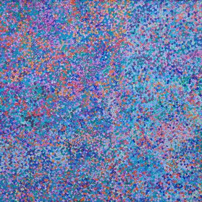 Australian Indigenous (Aboriginal and Torres Strait Islander) artwork by KATHY MARINGKA of Kaltjiti Artists. The title is Tjulpun-Tjulpunpa - Desert Wildflowers. [KALKMA10028P] (Acrylic on Belgian Linen)