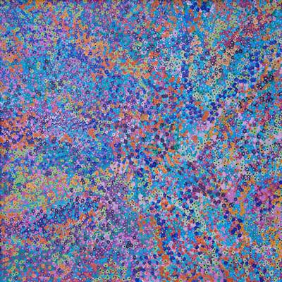 Australian Indigenous (Aboriginal and Torres Strait Islander) artwork by KATHY MARINGKA of Kaltjiti Artists. The title is Tjulpun-Tjulpunpa - Desert Wildflowers. [KALKMA10046P] (Acrylic on Belgian Linen)