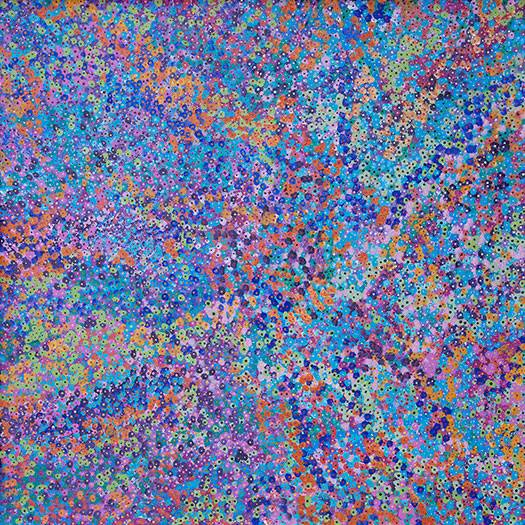 Australian Indigenous (Aboriginal and Torres Strait Islander) artwork by KATHY MARINGKA of Kaltjiti Artists. The title is Tjulpun-Tjulpunpa - Desert Wildflowers. [KALKMA10046P] (Acrylic on Belgian Linen)