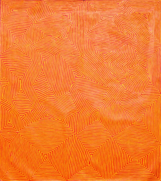 Australian Indigenous (Aboriginal and Torres Strait Islander) artwork by GEORGE TJUNGURRAYI of Papunya Tula Artists. The title is Tjulurulnga. [GT0904011] (Acrylic on Linen)