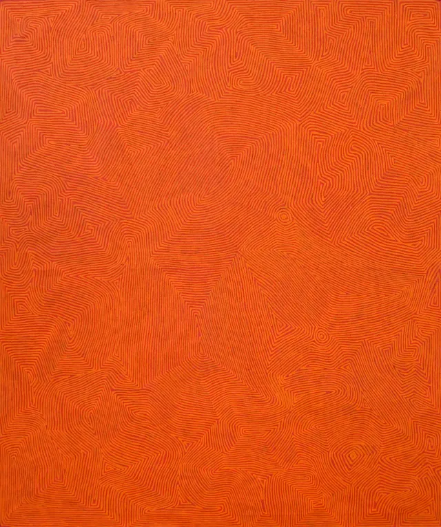 Australian Indigenous (Aboriginal and Torres Strait Islander) artwork by GEORGE TJUNGURRAYI of Papunya Tula Artists. The title is Tjulurulnga. [GT1104031] (Acrylic on Belgian Linen)