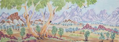 Australian Indigenous (Aboriginal and Torres Strait Islander) artwork by GLORIA PANNKA of Ngurratjuta Iltja Ntjarra (Many Hands). The title is Tjuritja (West MacDonnell Ranges, NT). [61-11] (Watercolour on Paper)