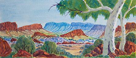 Australian Indigenous (Aboriginal and Torres Strait Islander) artwork by HILARY WIRRI of Ngurratjuta Iltja Ntjarra (Many Hands). The title is Tjuritja (West MacDonnell Ranges, NT). [67-11] (Watercolour on Paper)