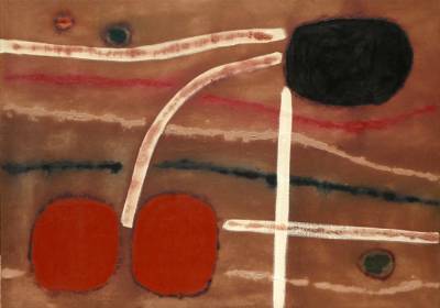 Australian Indigenous (Aboriginal and Torres Strait Islander) artwork by LINDSAY HARRIS of Miscellaneous Artists. The title is Tracks to Kockerbin # 1. [23 - Tracks to Kockerbin # 1] (Pigment, Resin, Binder and Clay on Hemp)