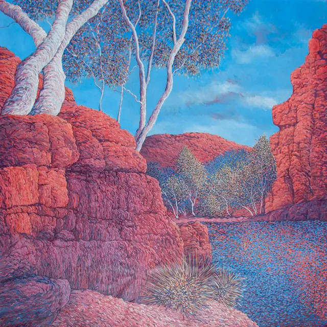 Australian Indigenous (Aboriginal and Torres Strait Islander) artwork by SARAH BROWN of Miscellaneous Artists. The title is Trephina Gorge. [SB201610019] (Acrylic on Belgian Linen)