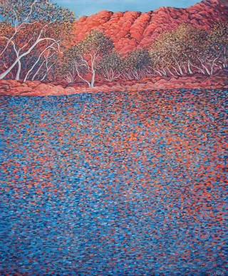 Australian Indigenous (Aboriginal and Torres Strait Islander) artwork by SARAH BROWN of Miscellaneous Artists. The title is Trephina Water. [SB201610008] (Acrylic on Belgian Linen)