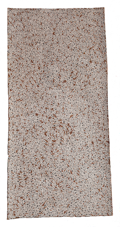 Australian Indigenous (Aboriginal and Torres Strait Islander) artwork by WUKUN WANAMBI of Buku-Larrnggay Mulka (Yirrkala). The title is Trial Bay. [4576S] (Natural Earth Pigments on Bark - Nuwayak)