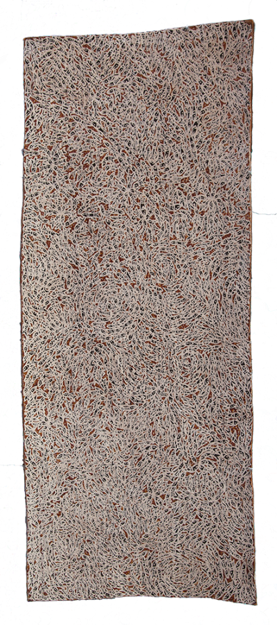 Australian Indigenous (Aboriginal and Torres Strait Islander) artwork by WUKUN WANAMBI of Buku-Larrnggay Mulka (Yirrkala). The title is Trial Bay. [4581S] (Natural Earth Pigments on Bark - Nuwayak)