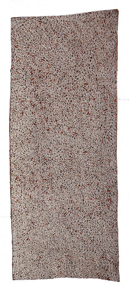 Australian Indigenous (Aboriginal and Torres Strait Islander) artwork by WUKUN WANAMBI of Buku-Larrnggay Mulka (Yirrkala). The title is Trial Bay. [4581S] (Natural Earth Pigments on Bark - Nuwayak)