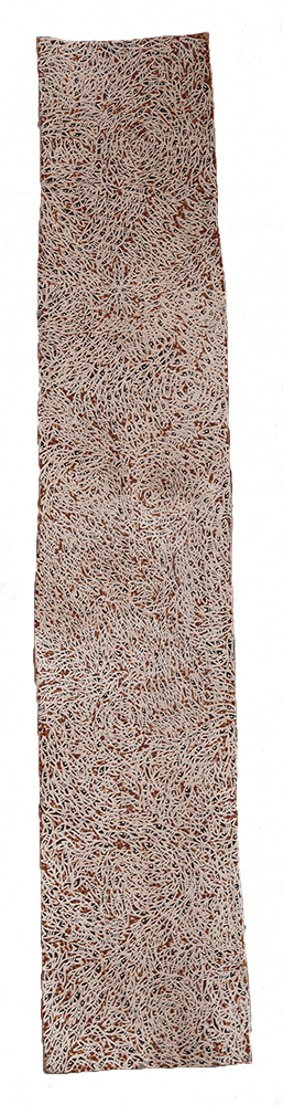 Australian Indigenous (Aboriginal and Torres Strait Islander) artwork by WUKUN WANAMBI of Buku-Larrnggay Mulka (Yirrkala). The title is Trial Bay. [4615A] (Natural Earth Pigments on Bark - Nuwayak)