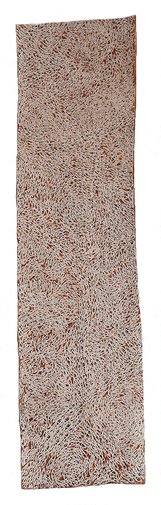 Australian Indigenous (Aboriginal and Torres Strait Islander) artwork by WUKUN WANAMBI of Buku-Larrnggay Mulka (Yirrkala). The title is Trial Bay. [4617M] (Natural Earth Pigments on Bark - Nuwayak)