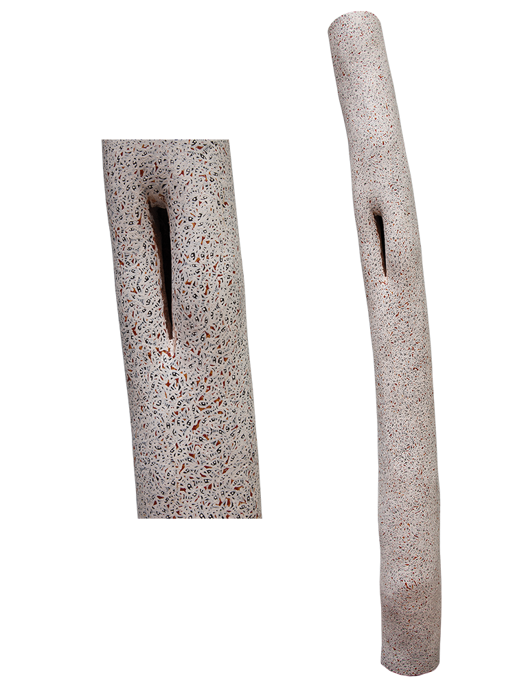 Australian Indigenous (Aboriginal and Torres Strait Islander) artwork by WUKUN WANAMBI of Buku-Larrnggay Mulka (Yirrkala). The title is Trial Bay. [4860R] (Earth Pigments on Hollow Log - Larrakitj)