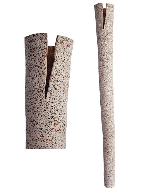 Australian Indigenous (Aboriginal and Torres Strait Islander) artwork by WUKUN WANAMBI of Buku-Larrnggay Mulka (Yirrkala). The title is Trial Bay. [4896S] (Earth Pigments on Hollow Log - Larrakitj)