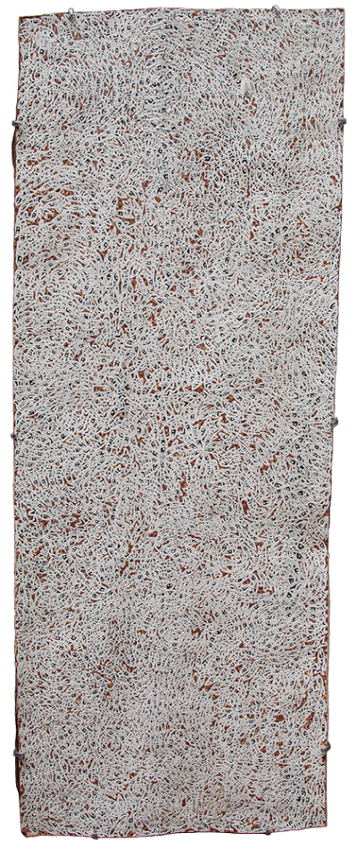 Australian Indigenous (Aboriginal and Torres Strait Islander) artwork by WUKUN WANAMBI of Buku-Larrnggay Mulka (Yirrkala). The title is Trial Bay. [4438G] (Natural Earth Pigments on Bark - Nuwayak)