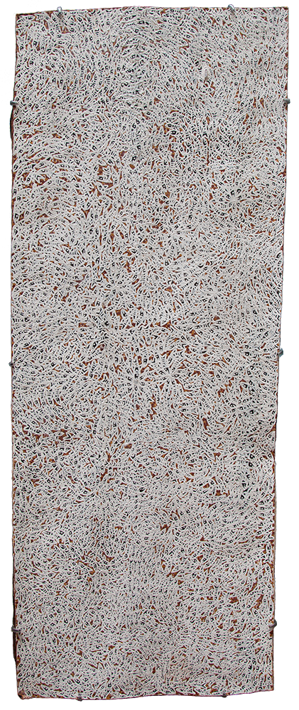Australian Indigenous (Aboriginal and Torres Strait Islander) artwork by WUKUN WANAMBI of Buku-Larrnggay Mulka (Yirrkala). The title is Trial Bay. [4438G] (Natural Earth Pigments on Bark - Nuwayak)