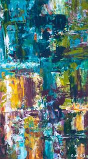 Australian Indigenous (Aboriginal and Torres Strait Islander) artwork by IRENE NAMOK of Lockhart River Artists. The title is Tropical View Inside Waterfall. [in20130602] (Acrylic on Canvas)