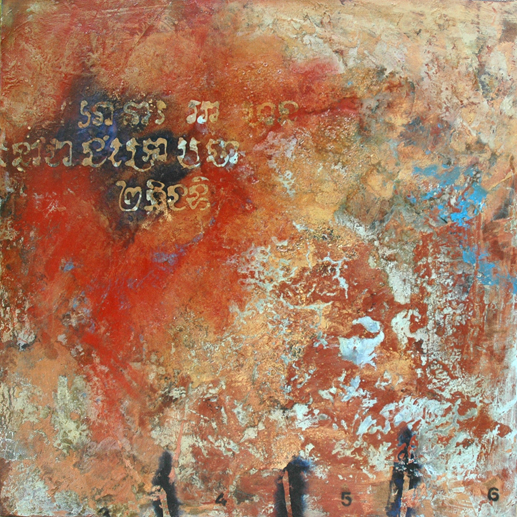 Australian Indigenous (Aboriginal and Torres Strait Islander) artwork by DAVID KELLY of Miscellaneous Artists. The title is Tuol Sleng - silent wall (2009). [Tuol Sleng S-21 3-6] (Oil & Acrylic on Board)