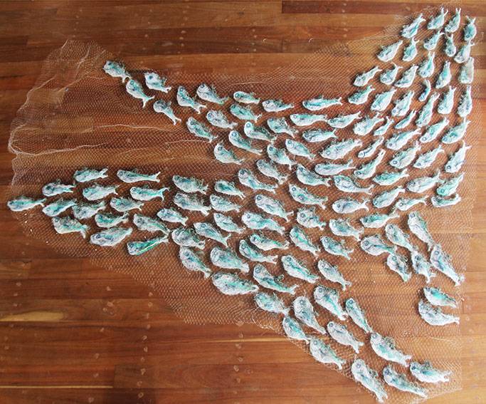Australian Indigenous (Aboriginal and Torres Strait Islander) artwork by LYNNETTE GRIFFITHS of Miscellaneous Artists. The title is Tup - Sardines. [LG201705002_1/11] (Ghost Nets & Rope)