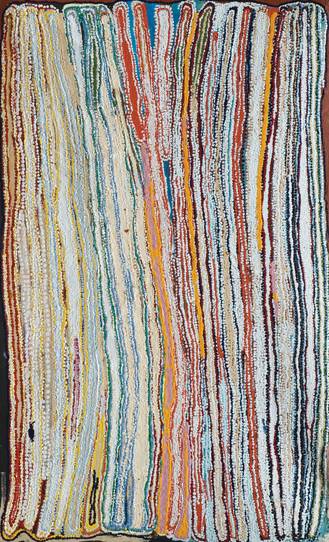 Australian Indigenous (Aboriginal and Torres Strait Islander) artwork by YIKARTU BUMBA of Martumili Artists. The title is Tuwa near Lalyipuka. [08-724] (Acrylic on Canvas)
