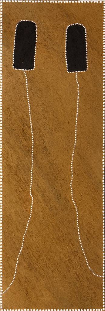 Australian Indigenous (Aboriginal and Torres Strait Islander) artwork by DAVID COX of Warmun Artists. The title is Two sisters. [788/07] (Natural ochre and pigments on canvas)