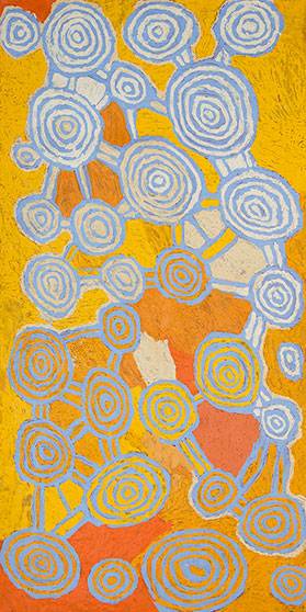 Australian Indigenous (Aboriginal and Torres Strait Islander) artwork by JOHNNY YUNGUT TJUPURRULA of Papunya Tula Artists. The title is Two Snake Dreaming - Soakage Water Site of Karrilwarra. [JY0908062] (Acrylic on Belgian Linen)