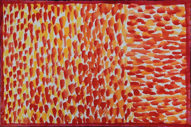 Australian Indigenous (Aboriginal and Torres Strait Islander) artwork by JANANGOO BUTCHER CHEREL of Mangkaja Artists. The title is Untitled. [184/08] (Acrylic Gouache on Paper)