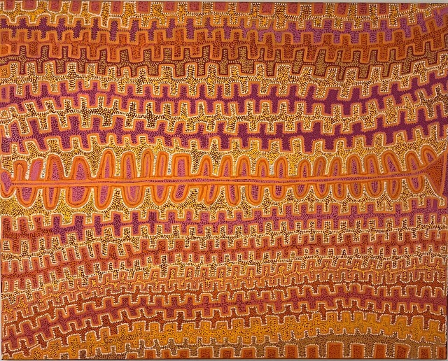 Australian Indigenous (Aboriginal and Torres Strait Islander) artwork by PATRICK TJUNGURRAYI of Papunya Tula Artists. The title is Untitled. [PT0409135] (Acrylic on Belgian Linen)