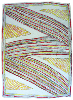 Australian Indigenous (Aboriginal and Torres Strait Islander) artwork by FATE SAVARI (ISAWDI) of Omie Artists. The title is Uborida jowo tahgwe ohu’o isairov’e, horé hitahi’e [ije biweje, mi’ija’ahe, dubidubi’e han’e, moköjö bineb’e, mi ija ahe, nenyai ohu’o buborianö’e] - Bend in the flooding Jordan River (Uborida) [with boys chopping tree branches, old animal bones found while digging in the garden, white plants growing on mountaintops, chest feathers of the red parrot, animal bones found while digging in the garden, women’s woven white shell headband, and beaks of the Papuan Hornbill]. [15-205] (Paint, Pencil and Ink on Paper)