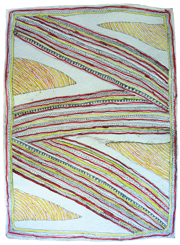 Australian Indigenous (Aboriginal and Torres Strait Islander) artwork by FATE SAVARI (ISAWDI) of Omie Artists. The title is Uborida jowo tahgwe ohu’o isairov’e, horé hitahi’e [ije biweje, mi’ija’ahe, dubidubi’e han’e, moköjö bineb’e, mi ija ahe, nenyai ohu’o buborianö’e] - Bend in the flooding Jordan River (Uborida) [with boys chopping tree branches, old animal bones found while digging in the garden, white plants growing on mountaintops, chest feathers of the red parrot, animal bones found while digging in the garden, women’s woven white shell headband, and beaks of the Papuan Hornbill]. [15-205] (Paint, Pencil and Ink on Paper)