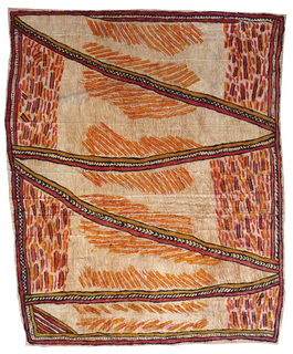 Australian Indigenous (Aboriginal and Torres Strait Islander) artwork by FATE SAVARI (ISAWDI) of Omie Artists. The title is Uborida jowo tahgwe ohu’o isairov’e, horé hitahi’e [sabu deje, ije biweje, mi’ija’ahe, dubidubi’e han’e, ohu’o buborianö’e] - Bend in the flooding Jordan River (Uborida) [with spots of the wood-boring grub, boys chopping tree branches, old animal bones found while digging in the garden, white plants growing on mountaintops, and beaks of the Papuan Hornbill]. [15-047] (Natural Pigments on Nioge (Woman’s Barkcloth Skirt))